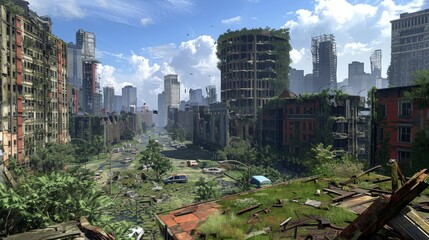 Desolate urban landscape with crumbling skyscrapers and derelict streets