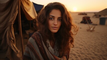 Obraz premium A young beautiful Bedouin woman welcoming the dawn in her desert camp.