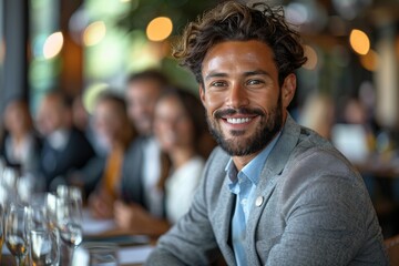 Handsome man with a beard smiling confidently at a social event, showing friendliness and charisma - obrazy, fototapety, plakaty