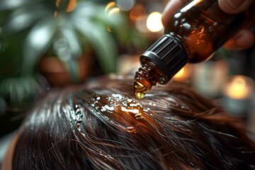 Detailed view of oil being applied to hair, highlighting the texture and the glistening effect of the oil on hair strands