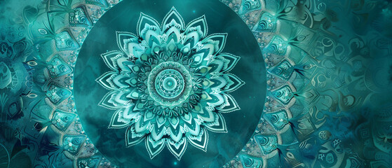 Intricate mandala design with bohemian flair, featuring shades of teal and turquoise colors.
