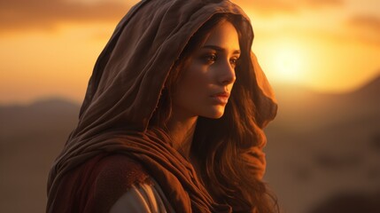 Obraz premium A young beautiful Bedouin woman witnessing the sunset in a desert oasis.