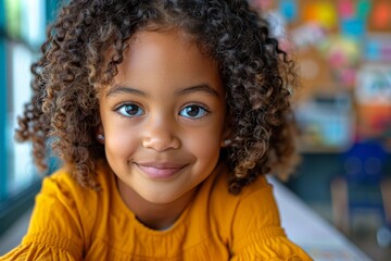 A young child with curly hair dressed in bright yellow is focused on something out of the frame, exuding innocence and curiosity - obrazy, fototapety, plakaty