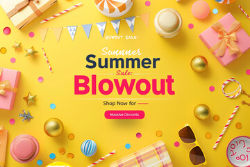 A vibrant golden yellow background with "Summer Blowout Sale Shop Now for Massive Discounts" in bold.