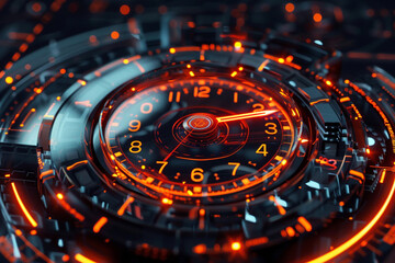 Hologram clock on HUD, virtual screen display, sci-fi tone, 3D futuristic timepiece