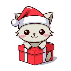 clipart kawaii, cute cat wearing a christmas hat, sitting on top of a present сreated with Generative Ai