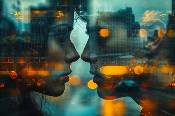 A digitally manipulated photo blending a woman's silhouette with vibrant city lights, creating a surreal, cyber-themed atmosphere - Powered by Adobe