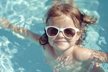 Summer Child. Smiling Little Girl in Sunglasses Enjoying Pool Fun on Sunny Blue Day