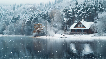 Snow-covered house and trees on the mountain lake =