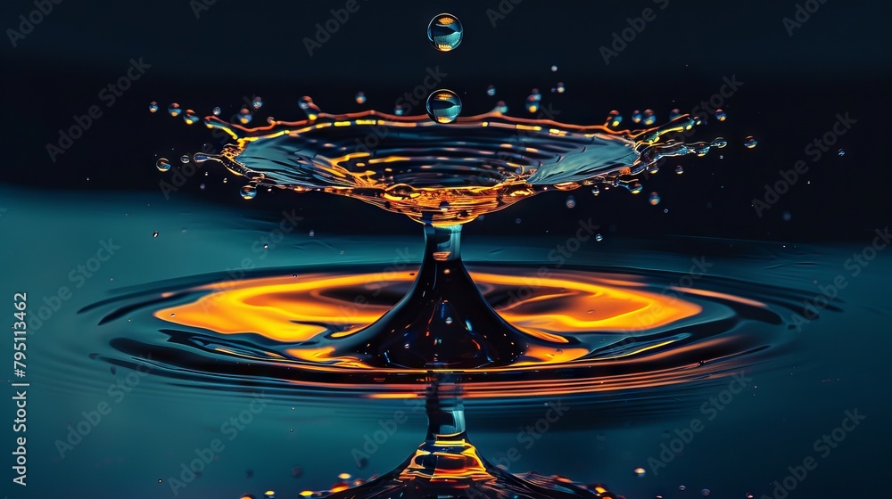 Poster dynamic splash of color as a water drop impacts a liquid surface