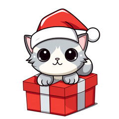 clipart kawaii, cute cat wearing a christmas hat, sitting on top of a present сreated with Generative Ai
