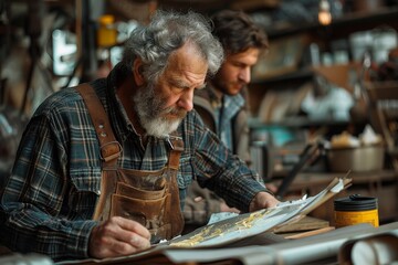 Thoughtful mature artisan with greying hair meticulously reviews design plans in a cluttered workshop