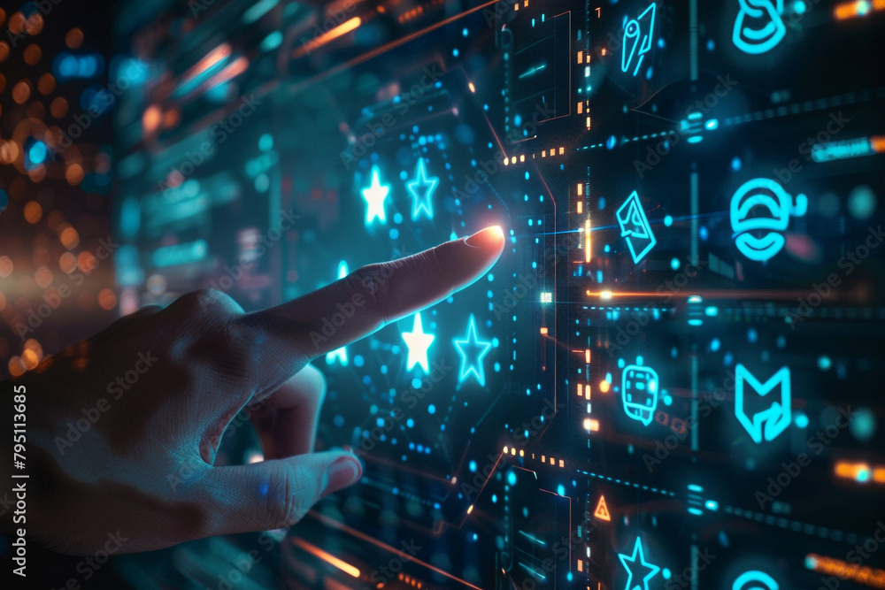 Poster holographic interface with a hand pointing to a five star quality rating set in a digital utopia
