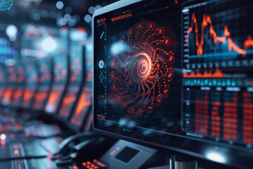 holographic Fibonacci spiral floating in a modern financial analysis lab, dynamically representing market trends and fluctuations with its evolving patterns