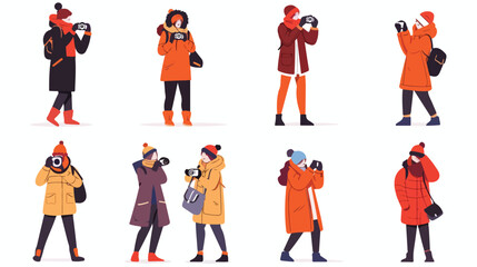 Photographing people in warm clothes flat vector illustration
