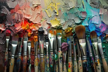 Painting Brush. Colorful Palette of Artist Brushes and Vibrant Oil Paint Colors