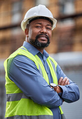 Portrait, confident and male person as contractor outdoors for developing or planning of...
