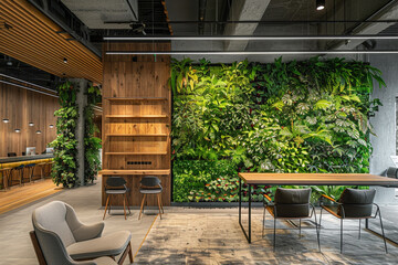 A nature-inspired office interior featuring biophilic design elements like living plant walls, natural wood finishes, and earthy color palettes.