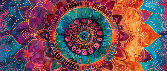 Colorful mandala design with intricate patterns in rich jewel tones, bohemian style, vibrant and unique.