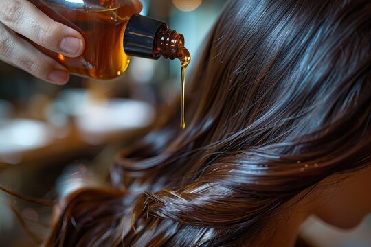 High-quality image of hair oil being applied to flowing brunette strands in a beauty salon setting