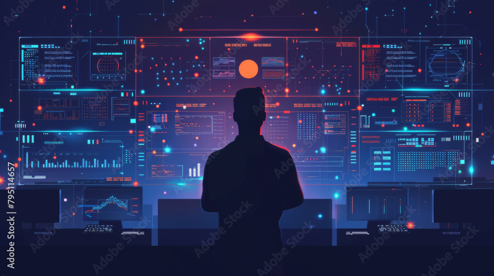 Poster back view of a person standing before advanced digital control panels with glowing elements.