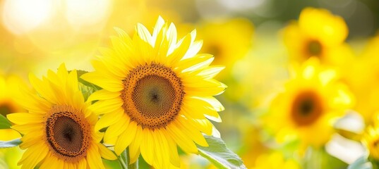 Fototapeta premium Detailed close up of vibrant, beautiful sunflowers in full bloom for a stunning view