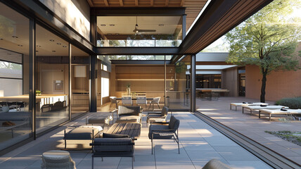 A contemporary home with a seamless transition between indoor and outdoor spaces, featuring...