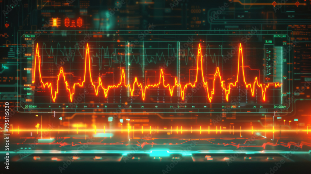 Poster abstract digital representation of stock market graphs with red spikes on a futuristic background.