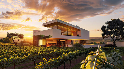 A contemporary home with a modular design and angular roofline, surrounded by acres of vineyards...