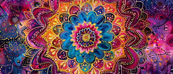 Intricate bohemian mandala design with vibrant jewel tones of red, blue, green, and gold. - obrazy, fototapety, plakaty