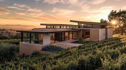 A contemporary home with a modular design and angular roofline, surrounded by acres of vineyards and bathed in the warm glow of the setting sun.