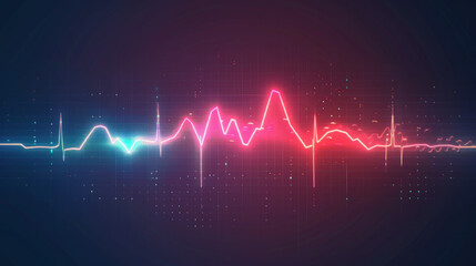 Blue and pink neon glowing heartbeat graph on a dark digital grid background.