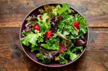 Purple Bowl With Salad on Wooden Table