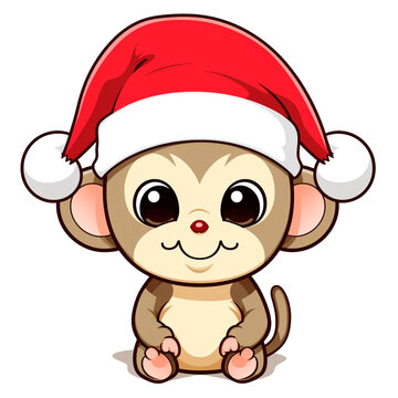clipart kawaii, cute monky wearing a christmas hat, soft pastel colour scheme, white background сreated with Generative Ai