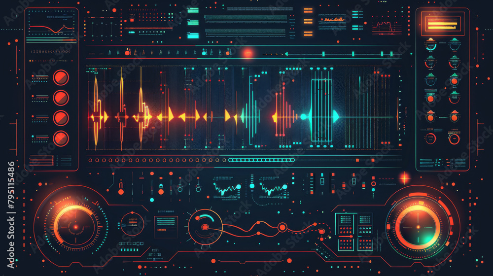 Poster complex red audio waveform interface with detailed sound analysis tools on a dark background.