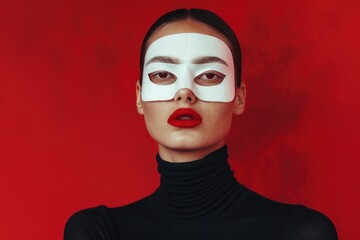 Mysterious woman wearing white mask with red background portraying elegance and secrecy
