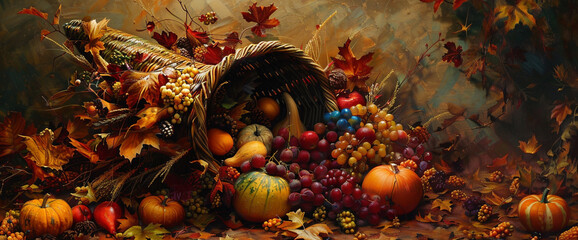 A Thanksgiving cornucopia overflowing with harvest bounty, leaving room for your gratitude. - obrazy, fototapety, plakaty