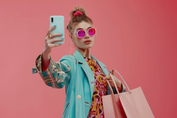 Stylish woman in sunglasses taking a selfie with cellphone while holding a shopping bag