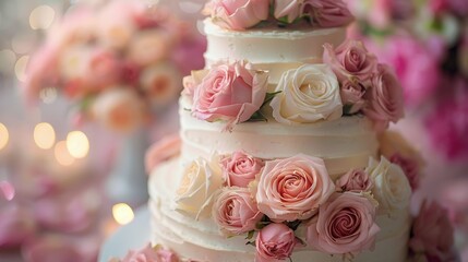 Three Tiered Wedding Cake With Pink and White Flowers