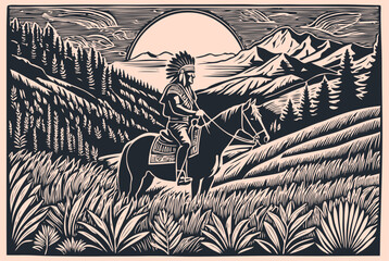 Landscape with an Indian chief on horseback, Vector illustration