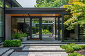 A contemporary home with a striking entrance featuring a glass pivot door and minimalist landscaping.