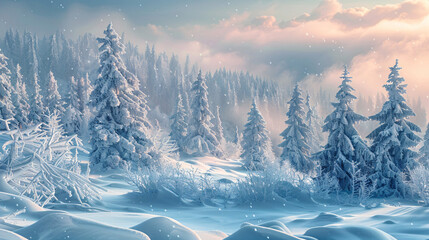 Snowfall in winter forest.Beautiful panorama landscape