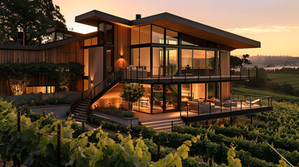 A contemporary home with a modular design and angular roofline, surrounded by acres of vineyards...