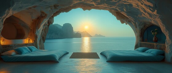 beautiful cave hotel room with sea view, luxurious travel concept, Generative Ai