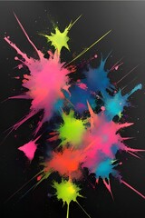 An abstract expressionist painting with splashes of neon glitter on a matte black canvas.