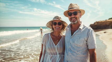 A smiling couple of a man and a woman are walking along the beach with the sea in the background. Romantic walk along the sea coast. The pleasure of relaxation and vacation.
