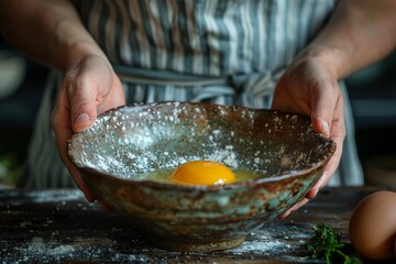 A pair of hands delicately cradles a rustic bowl containing a raw egg, highlighting the simplicity of fresh ingredients and the art of cooking