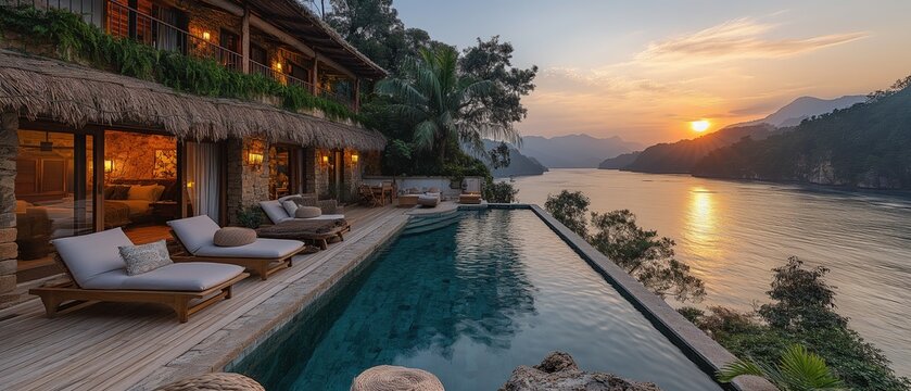 luxury seaside resort pool villar with infinity pool, Generative Ai	
