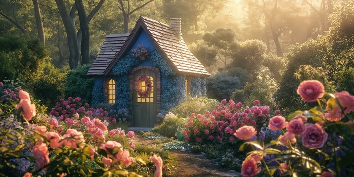 small wooden cottage in lush forest with front garden full of flower blossoming, fairytale dreamlike witch house, Generative Ai	
