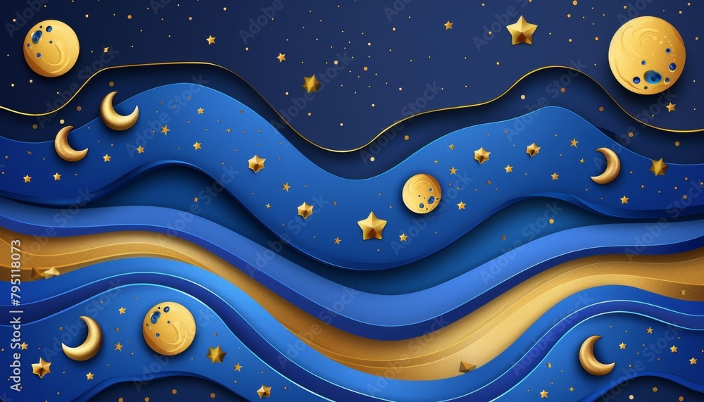 Aufkleber abstract golden layers on blue background banner with ample copy space for creative text placement